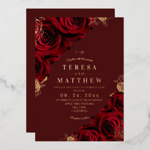 Invitación Con Relieve Metalizado Boda de flores de vino profundo con hoja de oro