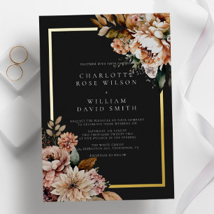 Invitación Con Relieve Metalizado Boda de flores elegantes con lámina dorada y negra