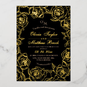 Invitación Con Relieve Metalizado Boda de flores minimalistas elegantes de color neg