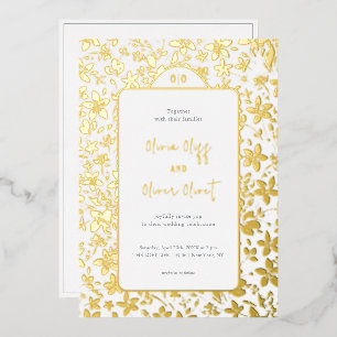 Invitación Con Relieve Metalizado Boda de flores pequeñas