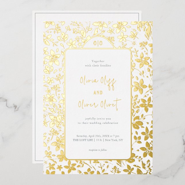 Invitación Con Relieve Metalizado Boda de flores pequeñas (Anverso/Reverso)