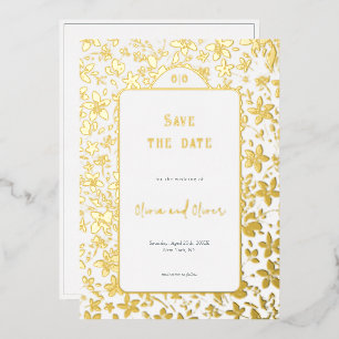 Invitación Con Relieve Metalizado Boda de flores pequeñas salva la fecha