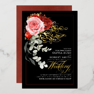Invitación Con Relieve Metalizado Boda de flores rosadas rojas de Borgoña Eucalipto 