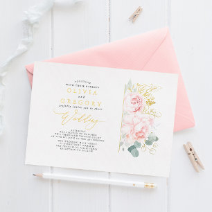 Invitación Con Relieve Metalizado Boda de flores rosadas románticas y vegetación ele