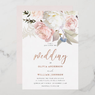 Invitación Con Relieve Metalizado Boda de flores rosadas y blancas con oro rosa