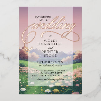 Invitación Con Relieve Metalizado Boda de Flores Silvestres