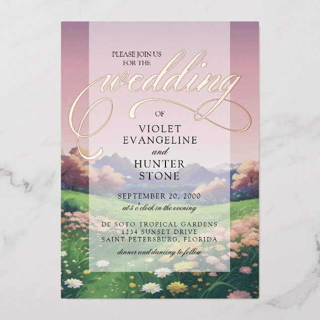 Invitación Con Relieve Metalizado Boda de Flores Silvestres (Anverso)