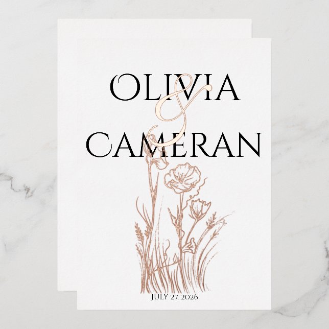 Invitación Con Relieve Metalizado Boda de flores silvestres modernas (Anverso/Reverso)