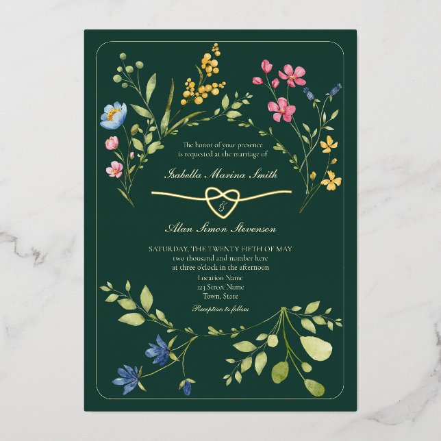 Invitación Con Relieve Metalizado Boda de flores silvestres verde esmeralda (Anverso)