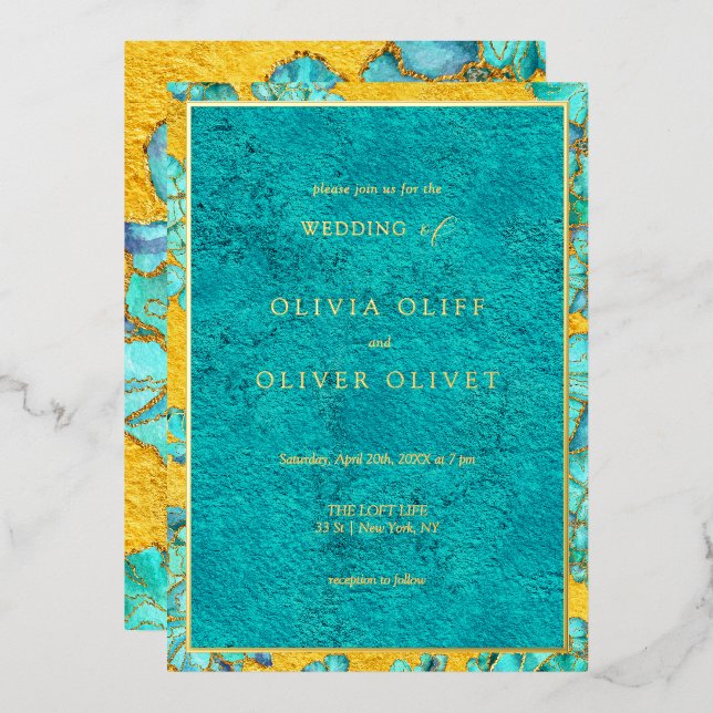 Invitación Con Relieve Metalizado Boda de flores verde azuladas (Anverso/Reverso)