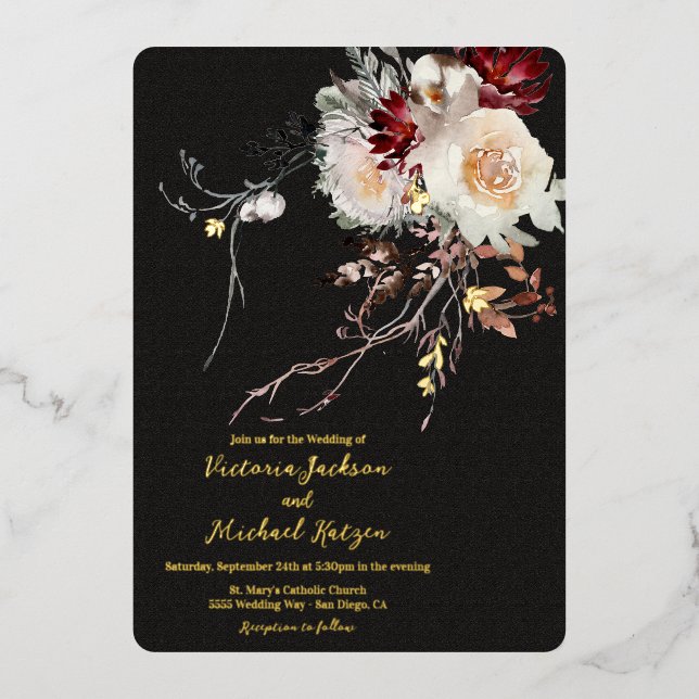 Invitación Con Relieve Metalizado Boda de Foi Floral de Invierno Oscuro y Moody (Anverso)