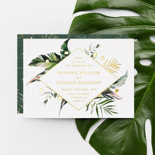 Invitación Con Relieve Metalizado Boda de Foliaje Acuarela Tropical Dorado