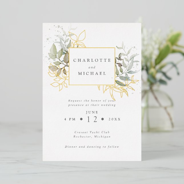 Invitación Con Relieve Metalizado Boda de follaje acuático de color oro y verde (Anverso de pie)