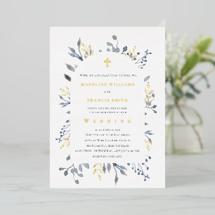 Invitación Con Relieve Metalizado boda de follaje azul