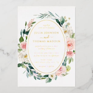 Invitación Con Relieve Metalizado Boda de follaje floral con rubor dorado