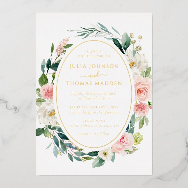 Invitación Con Relieve Metalizado Boda de follaje floral Gold Rubor (Anverso)