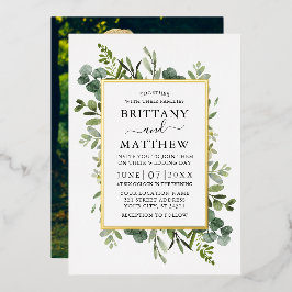 Invitación Con Relieve Metalizado Boda de Foto Botánica Acuarela Verde Dorado