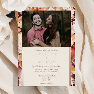 Invitación Con Relieve Metalizado BODA de Foto Clásica de Otoño Floral Burgundy con 