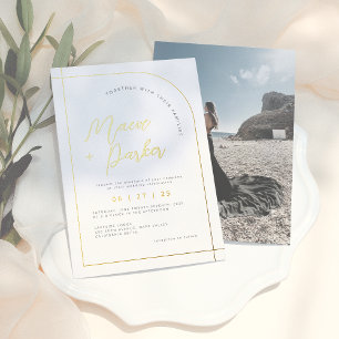 Invitación Con Relieve Metalizado Boda de Foto con Arco de Pan de Oro y Caligrafía E