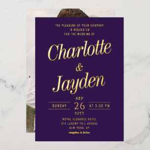 Invitación Con Relieve Metalizado Boda de Foto de Escritura de Hoja Violeta Elegante
