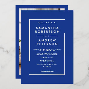 Invitación Con Relieve Metalizado Boda de foto de marco geométrico plateado azul