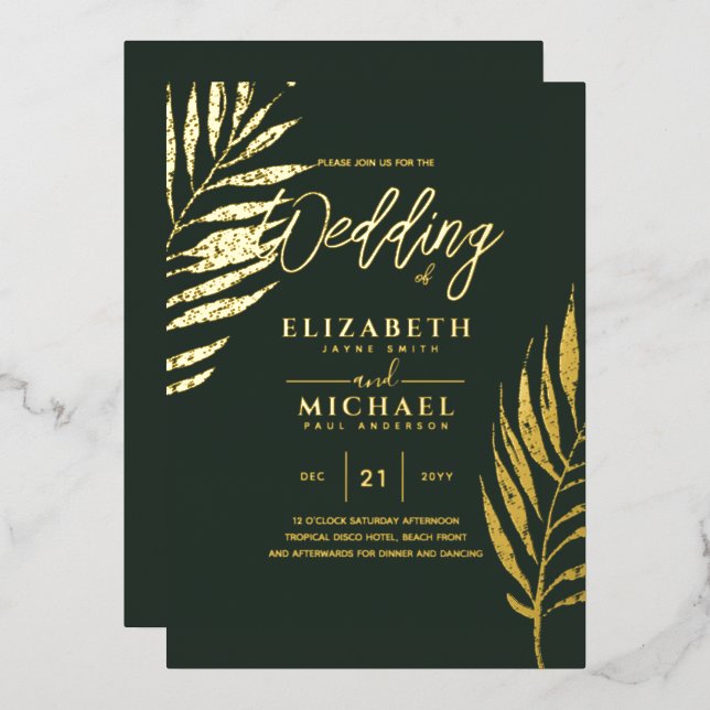 Invitación Con Relieve Metalizado Boda de FOTO de oro de disco tropical moderno (Anverso/Reverso)