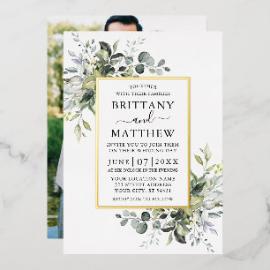 Invitación Con Relieve Metalizado Boda de Foto de Verde Acuarela en Oro