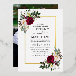 Invitación Con Relieve Metalizado Boda de Foto de Verde Floral de Acuarela Dorado