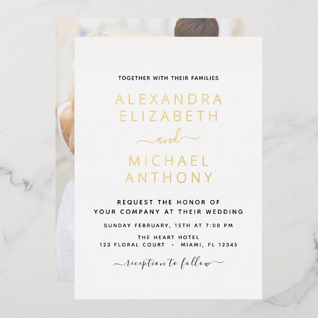 Invitación Con Relieve Metalizado Boda de foto  Elegante Relieve metalizado romántic (Anverso/Reverso)