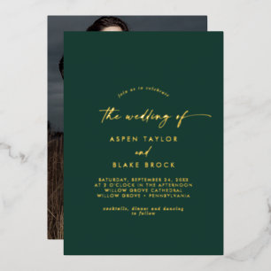 Invitación Con Relieve Metalizado Boda de foto esmeralda con escritura de pan de oro