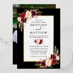 Invitación Con Relieve Metalizado Boda de Foto Floral Acuarela Negro Dorado