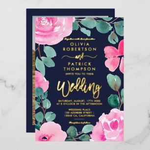 Invitación Con Relieve Metalizado Boda de foto floral acuarela rosa navy audaz