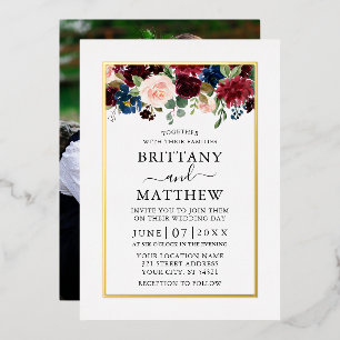 Invitación Con Relieve Metalizado Boda de Foto Floral Mixta Acuarela Dorada