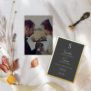 Invitación Con Relieve Metalizado Boda de Foto Minimalista Moderna y Elegante en Neg