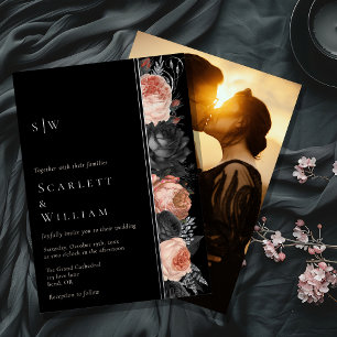 Invitación Con Relieve Metalizado Boda de foto monograma negro gótico vintage FOIL