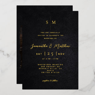 Invitación Con Relieve Metalizado Boda de Foto Textura Negra Minimalista Moderna