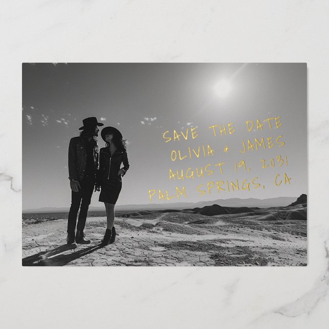 Invitación Con Relieve Metalizado Boda de foto única manuscrita Save the Date (Anverso)