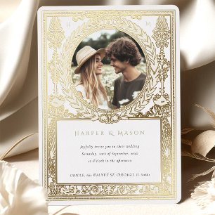 Invitación Con Relieve Metalizado Boda de Foto Vintage Ornato Laurel