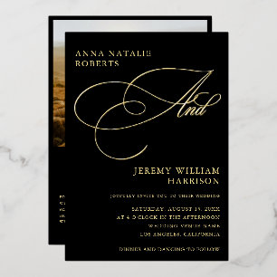 Invitación Con Relieve Metalizado Boda de foto y guión en negro y dorado con código 
