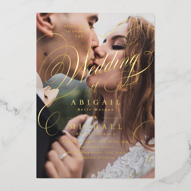 Invitación Con Relieve Metalizado Boda de fotografía clásica de caligrafía elegante  (Anverso)