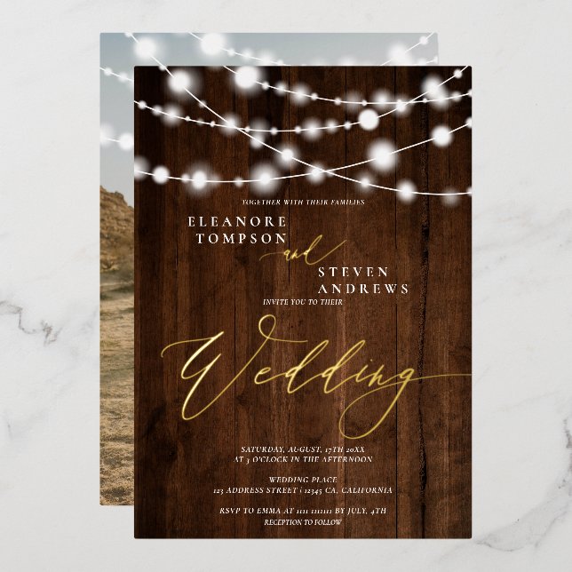 Invitación Con Relieve Metalizado Boda de fotografía de madera marrón con luces de c (Anverso/Reverso)