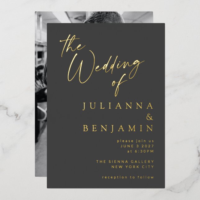 Invitación Con Relieve Metalizado Boda de fotografía elegante de estilo negro de oro (Anverso/Reverso)