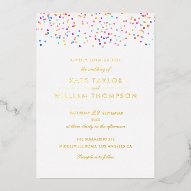 Invitación Con Relieve Metalizado Boda de fotografía moderno Rainbow Confetti (Anverso)