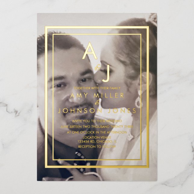 Invitación Con Relieve Metalizado Boda de fotografía simple con borde dorado presion (Anverso)