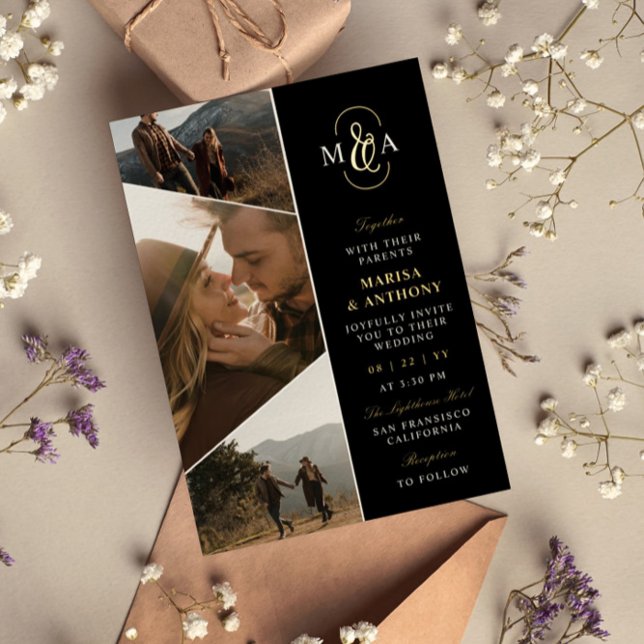 Invitación Con Relieve Metalizado Boda de fotografías asimétricas de monograma negro (Subido por el creador)