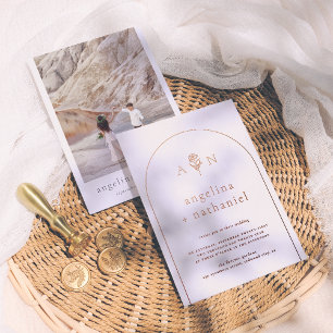 Invitación Con Relieve Metalizado Boda de Fotos de Arco Floral Minimalista Boho Bril