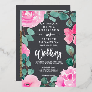 Invitación Con Relieve Metalizado Boda de fotos de color de agua floral rosa negrita