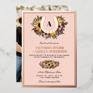Invitación Con Relieve Metalizado Boda de Fotos de Girasoles con Herradura Dorada