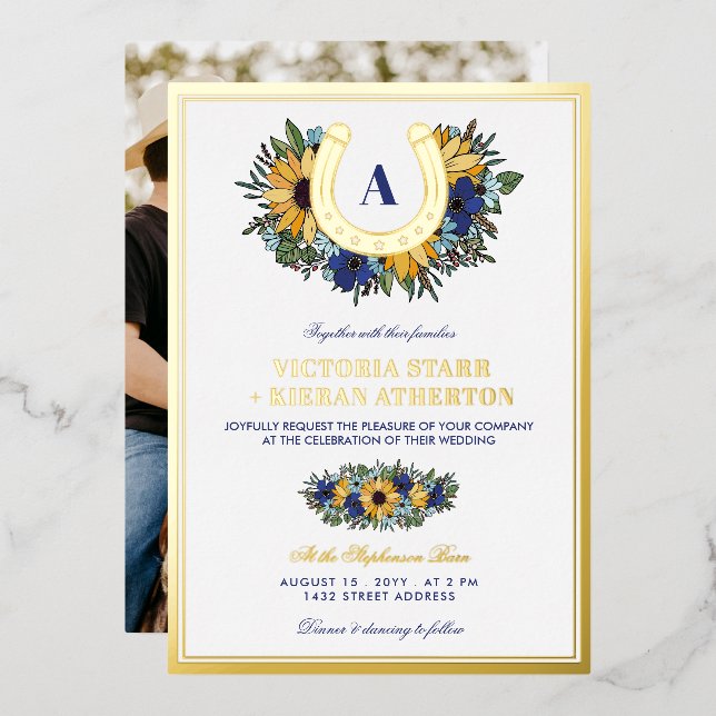 Invitación Con Relieve Metalizado Boda de fotos de los girasoles azules del herradur (Anverso/Reverso)