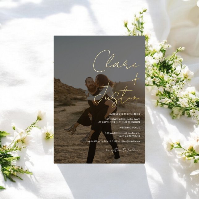 Invitación Con Relieve Metalizado Boda de fotos de nombres de guiones modernos (Modern script names photos wedding foil invitation)